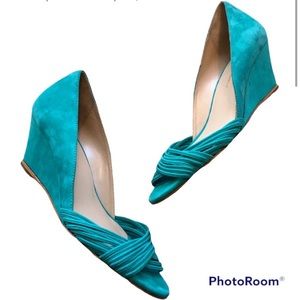Loeffler Randall turquoise suede peep toe wedges shoes size 8.5